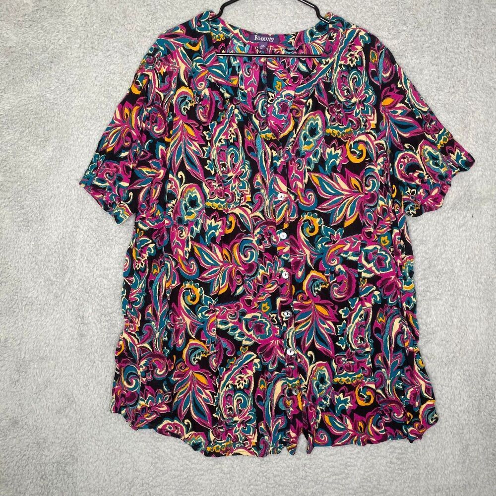 Roamans womens short sleeve button down blouse flowy artsy career crinkle 28W